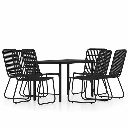 Dining Set | Black | Powder-coated steel, glass, PE rattan | 7 Piece