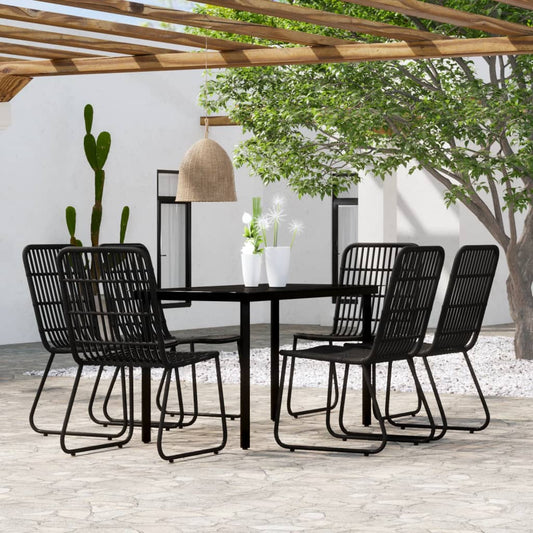 Dining Set | Black | Powder-coated steel, glass, PE rattan | 7 Piece