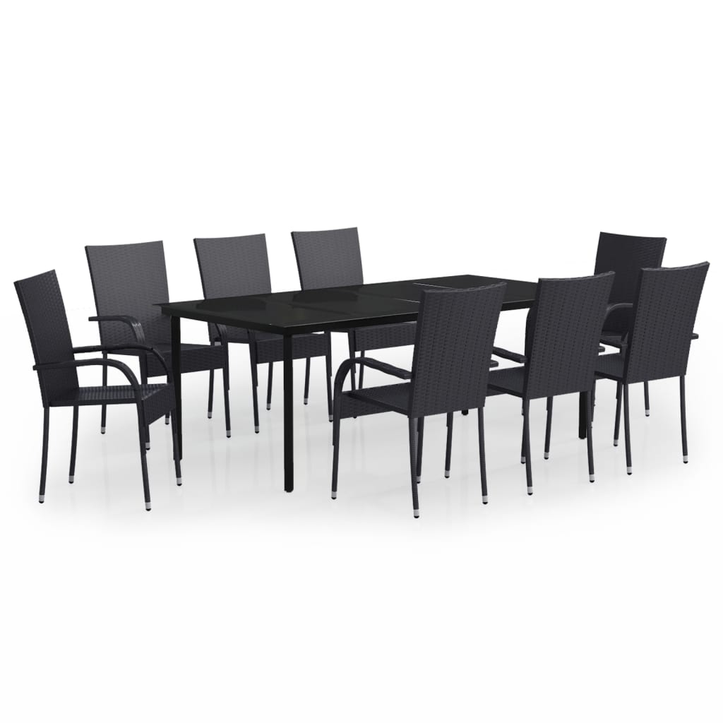 Garden Dining Set | Black | PE Rattan, Powder-Coated Steel, Glass | Large