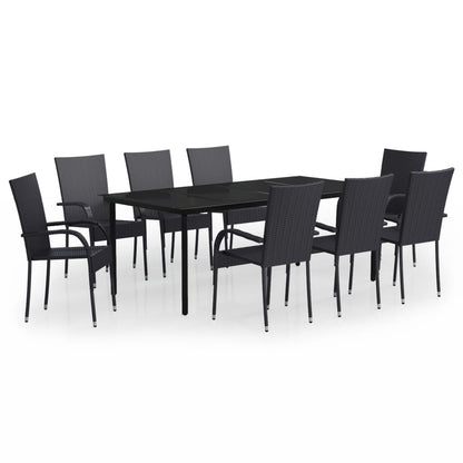 Garden Dining Set | Black | PE Rattan, Powder-Coated Steel, Glass | Large