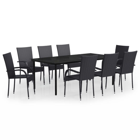Garden Dining Set | Black | PE Rattan, Powder-Coated Steel, Glass | Large