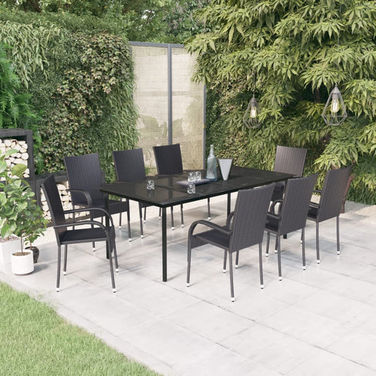 Garden Dining Set | Black | PE Rattan, Powder-Coated Steel, Glass | Large