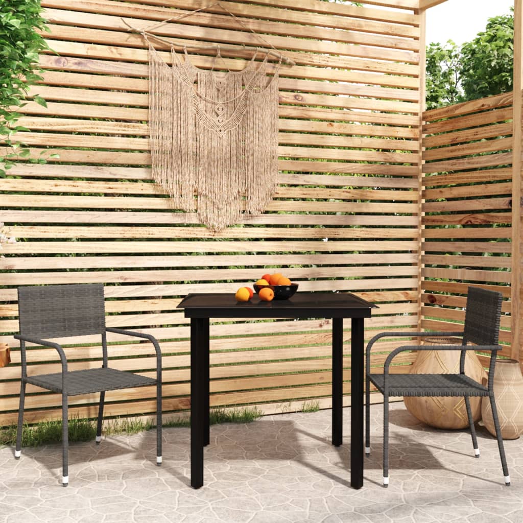 Garden Dining Set | Table: Black, Chair: Grey | PE Rattan, Steel, Glass