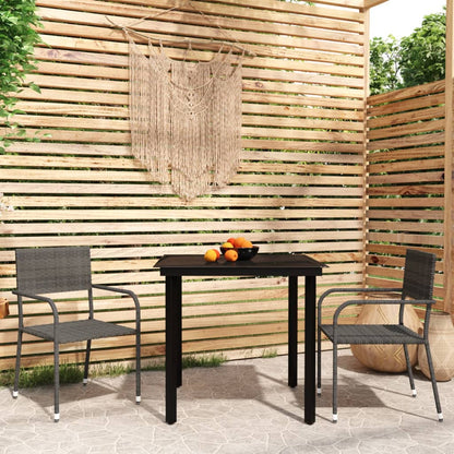 Garden Dining Set | Table: Black, Chair: Grey | PE Rattan, Steel, Glass