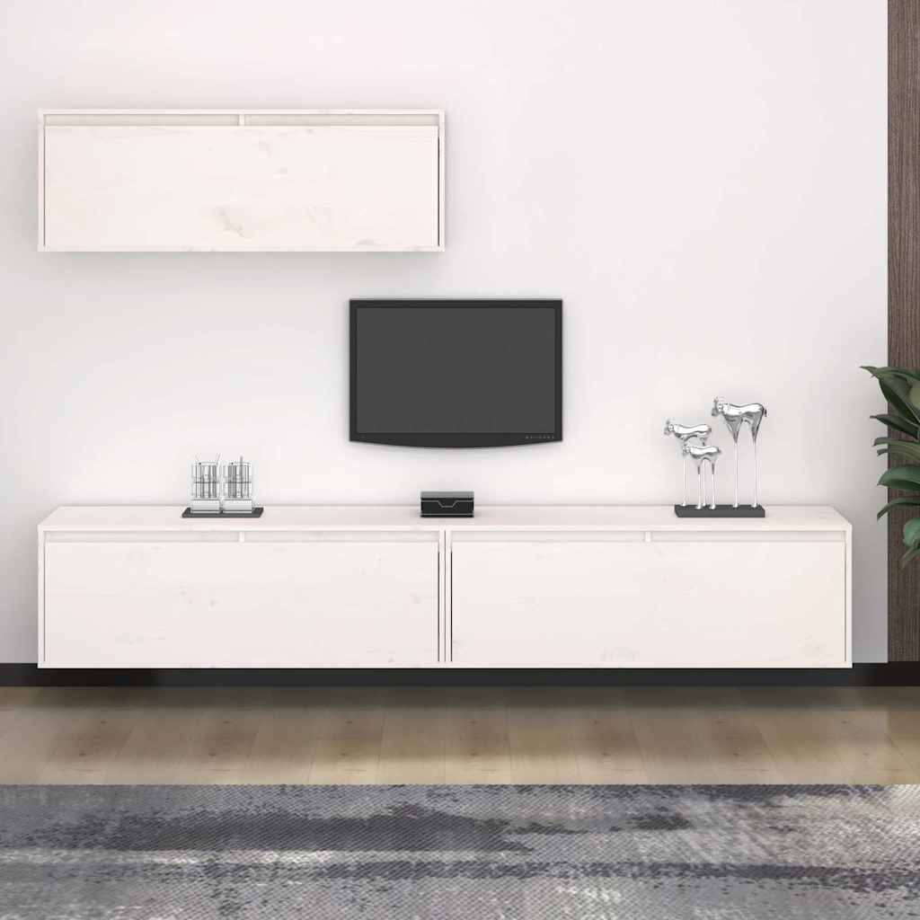 3 Piece TV Cabinet Set White Solid Wood Pine