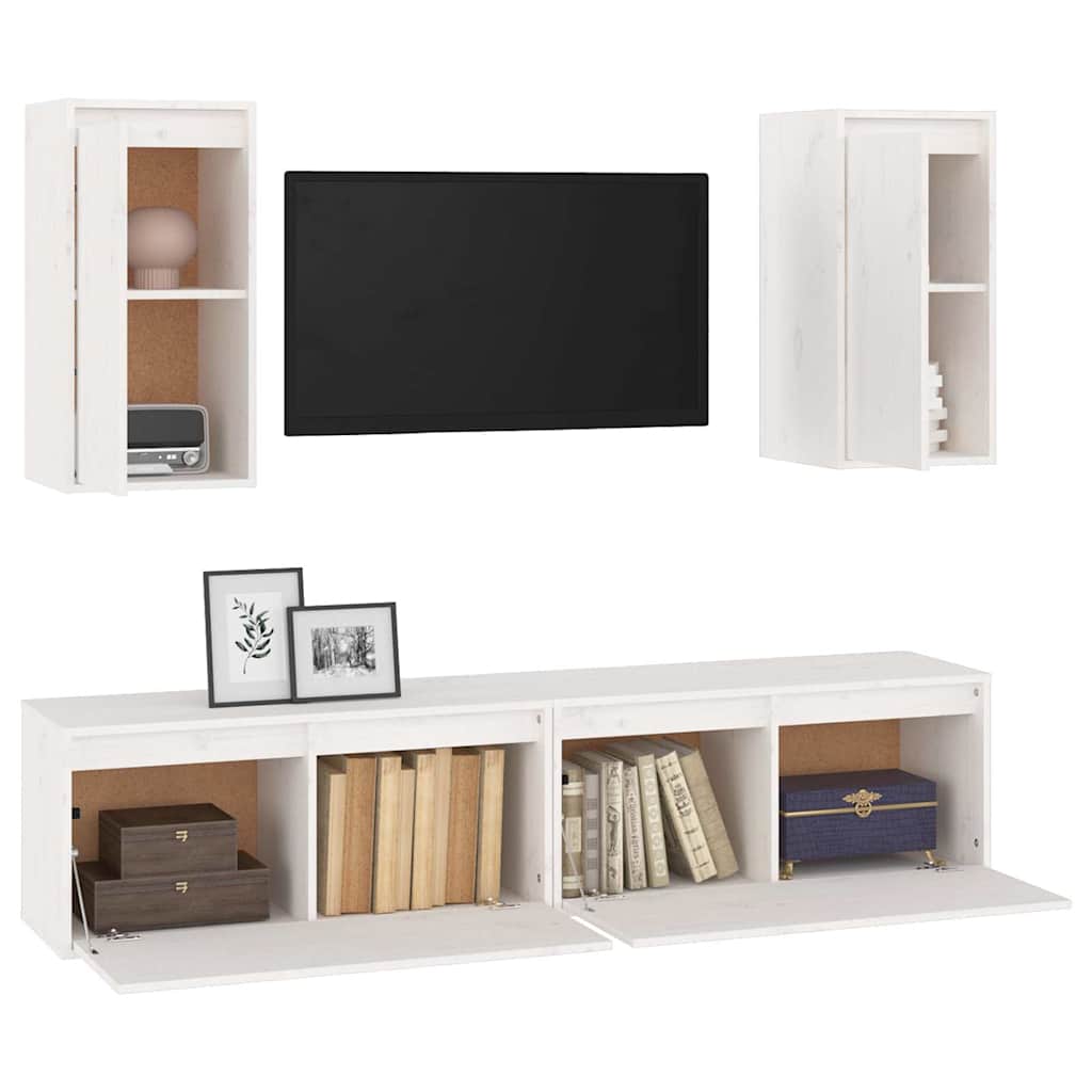 4 Piece TV Cabinet Set White Solid Wood Pine