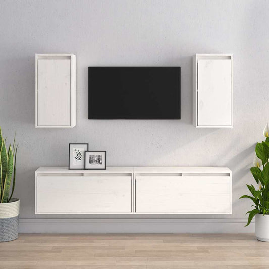 4 Piece TV Cabinet Set White Solid Wood Pine
