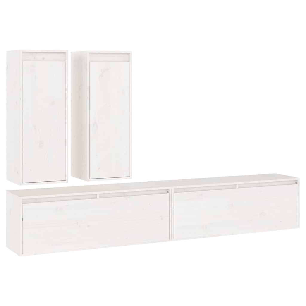 4 Piece TV Cabinet Set White Solid Wood Pine