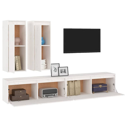 4 Piece TV Cabinet Set White Solid Wood Pine
