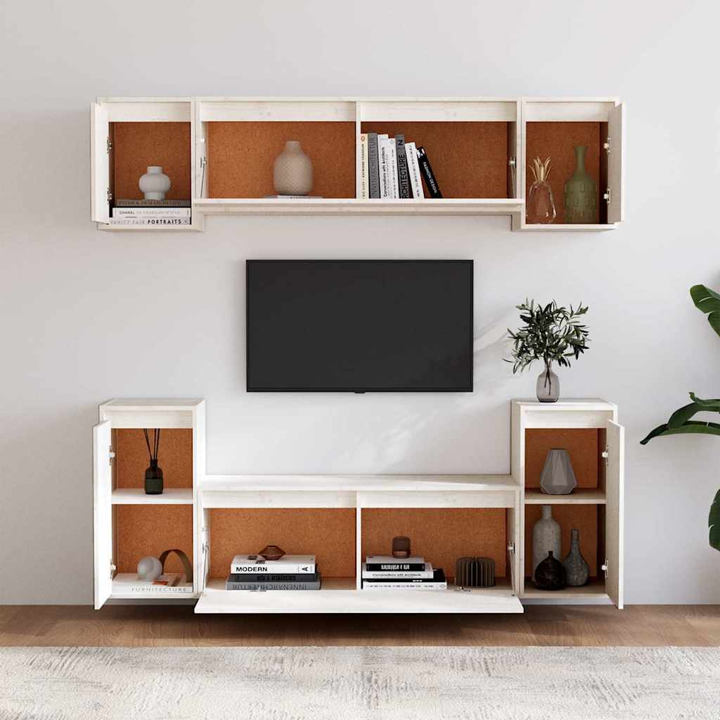 6 Piece TV Cabinet Set White Solid Wood Pine
