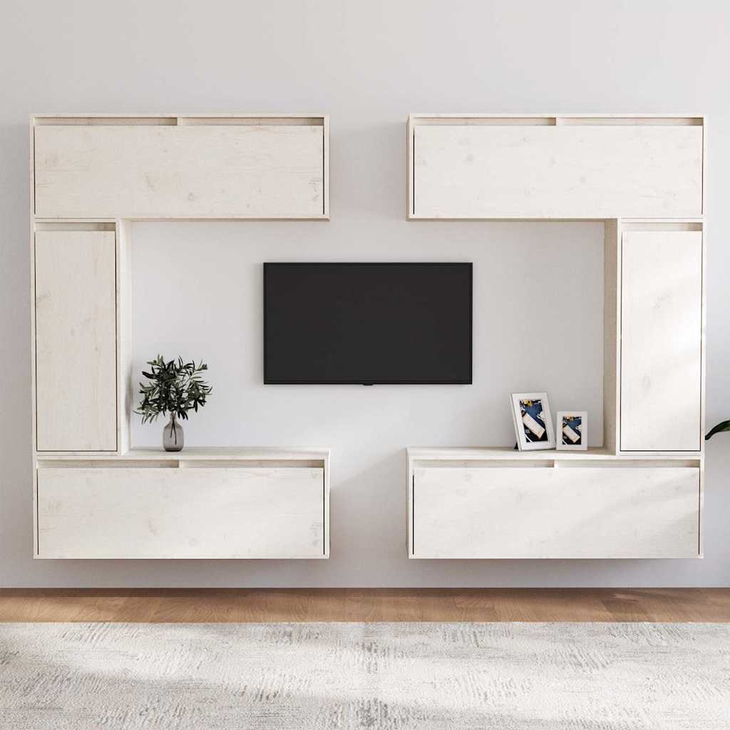 6 Piece TV Cabinet Set White Solid Wood Pine