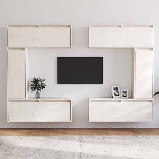6 Piece TV Cabinet Set White Solid Wood Pine