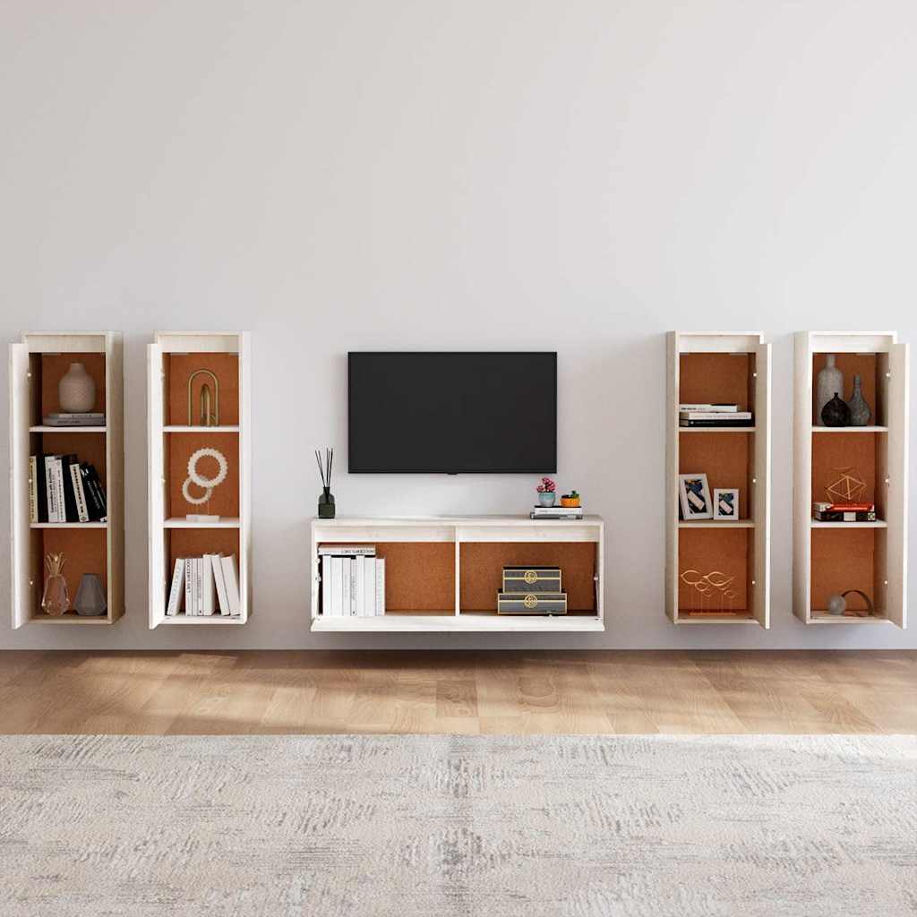 5 Piece TV Cabinet Set White Solid Wood Pine