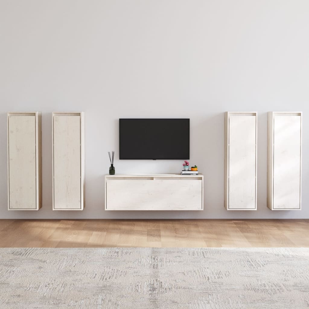5 Piece TV Cabinet Set White Solid Wood Pine