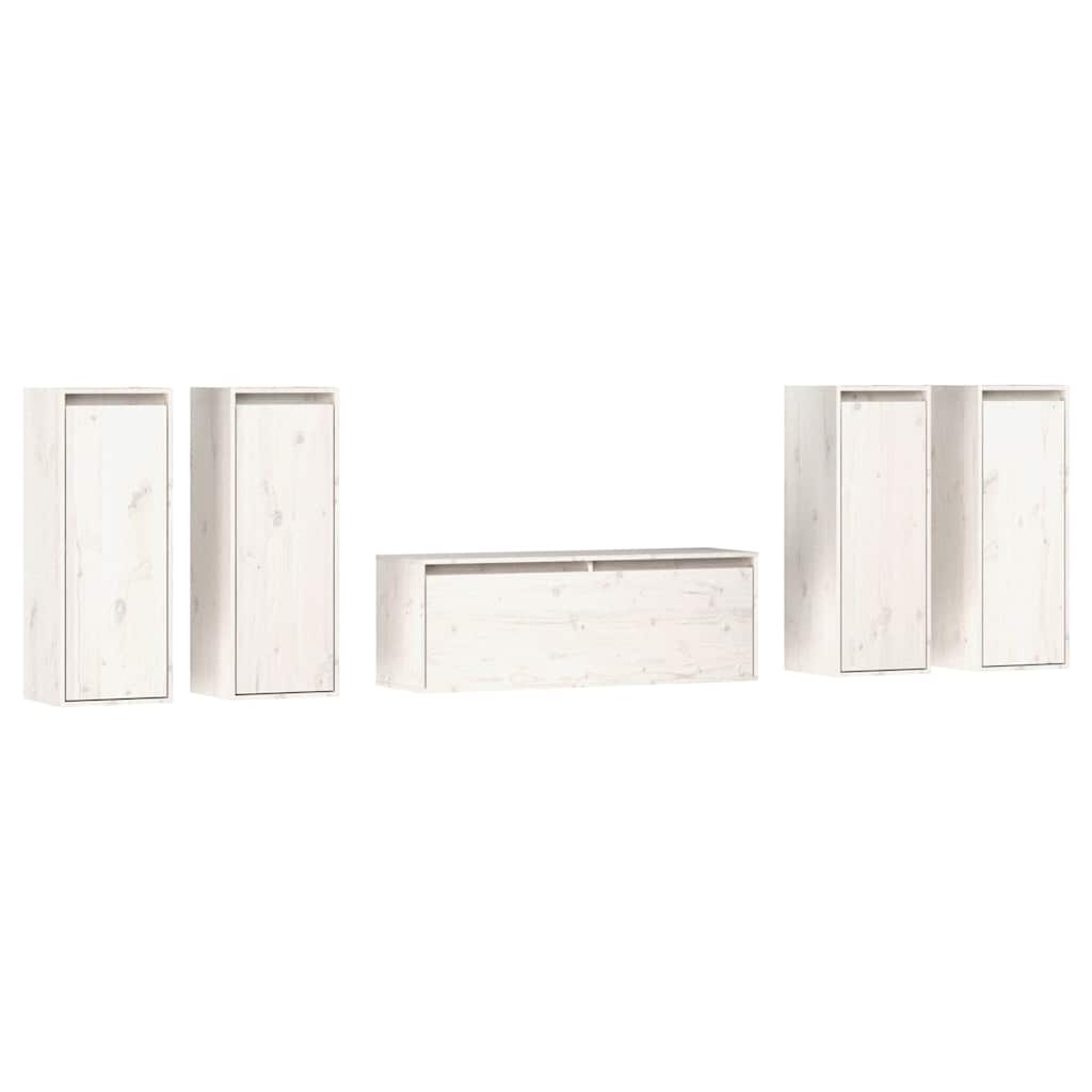 5 Piece TV Cabinet Set White Solid Wood Pine