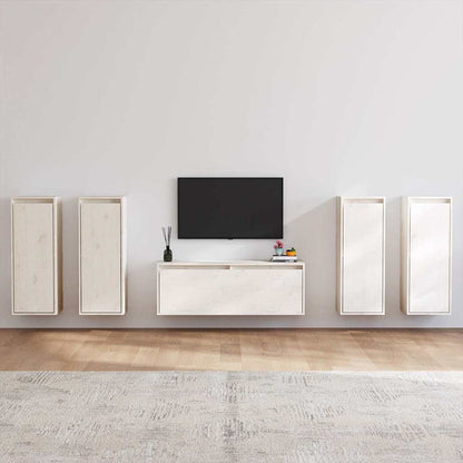 5 Piece TV Cabinet Set White Solid Wood Pine