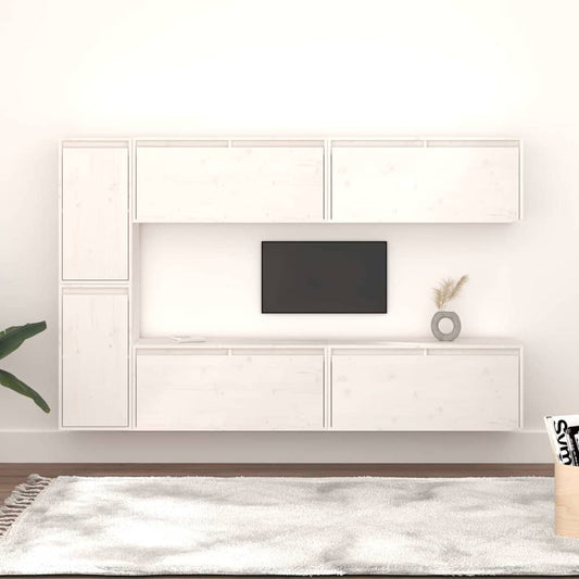 6 Piece TV Cabinet Set White Solid Wood Pine