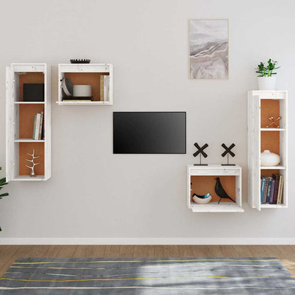 4 Piece TV Cabinet Set White Solid Wood Pine