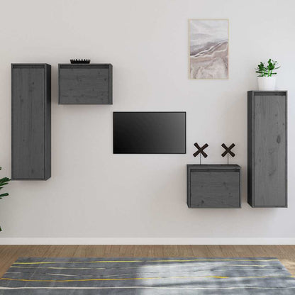 4 Piece TV Cabinet Set Grey Solid Wood Pine