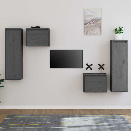 4 Piece TV Cabinet Set Grey Solid Wood Pine