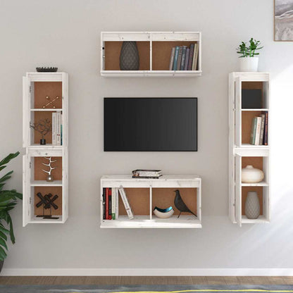 6 Piece TV Cabinet Set White Solid Wood Pine