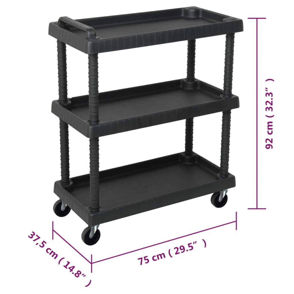 151828 vidaXL 3-Tier Workshop Tool Trolley Black 75x37,5x92 cm PP
