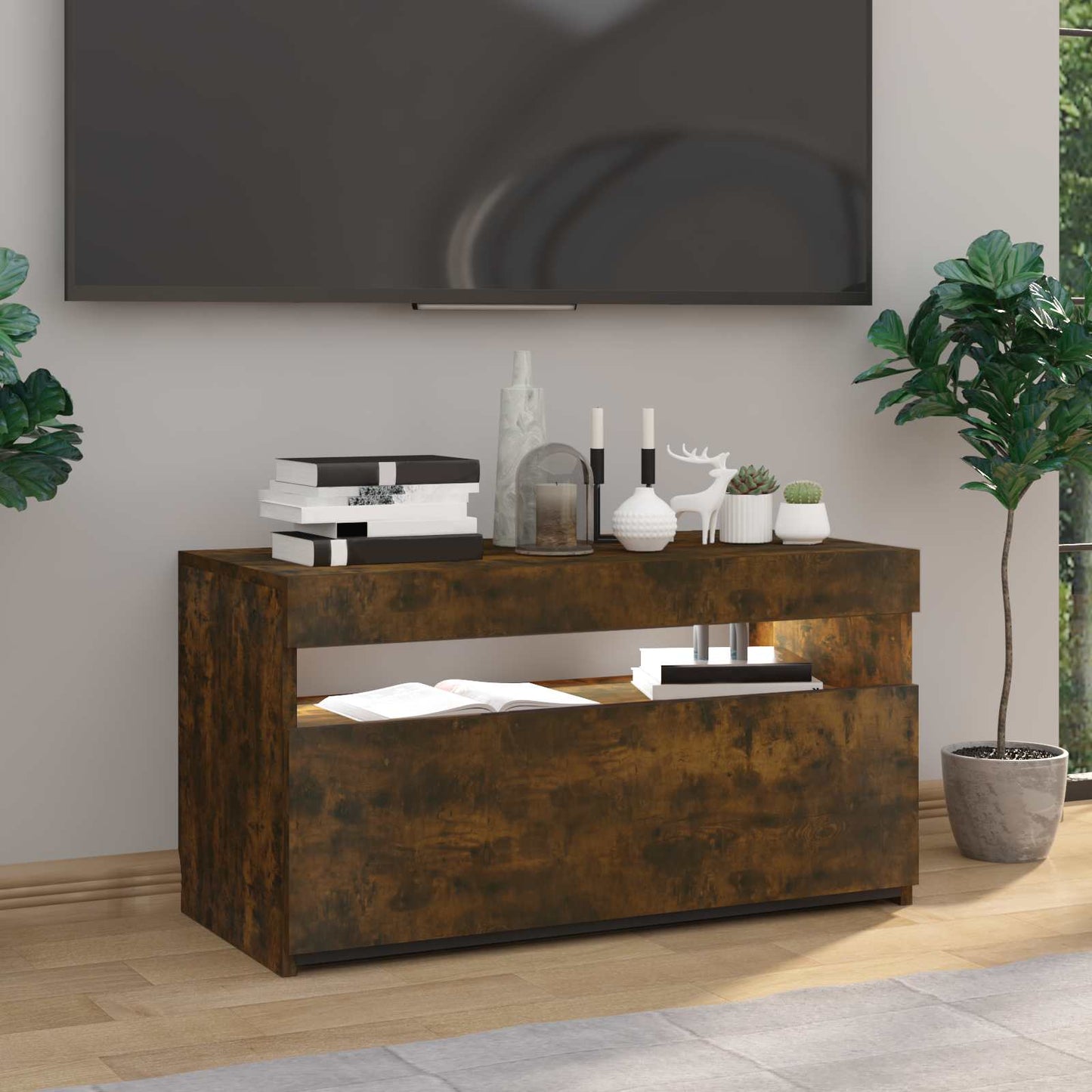 TV Cabinet with LED Lights Smoked Oak 75x35x40 cm