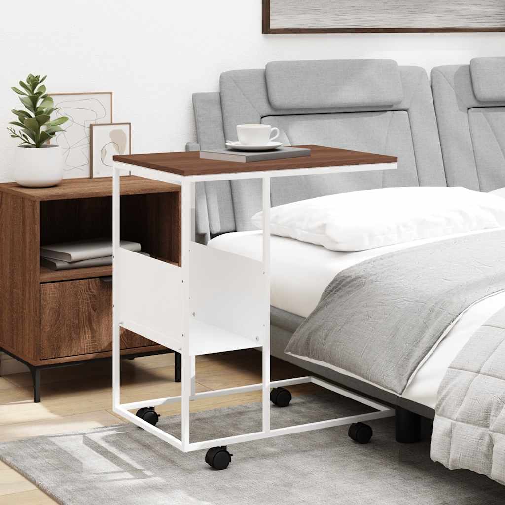 Side Table with Wheels White 55x36x63.5 cm Engineered Wood
