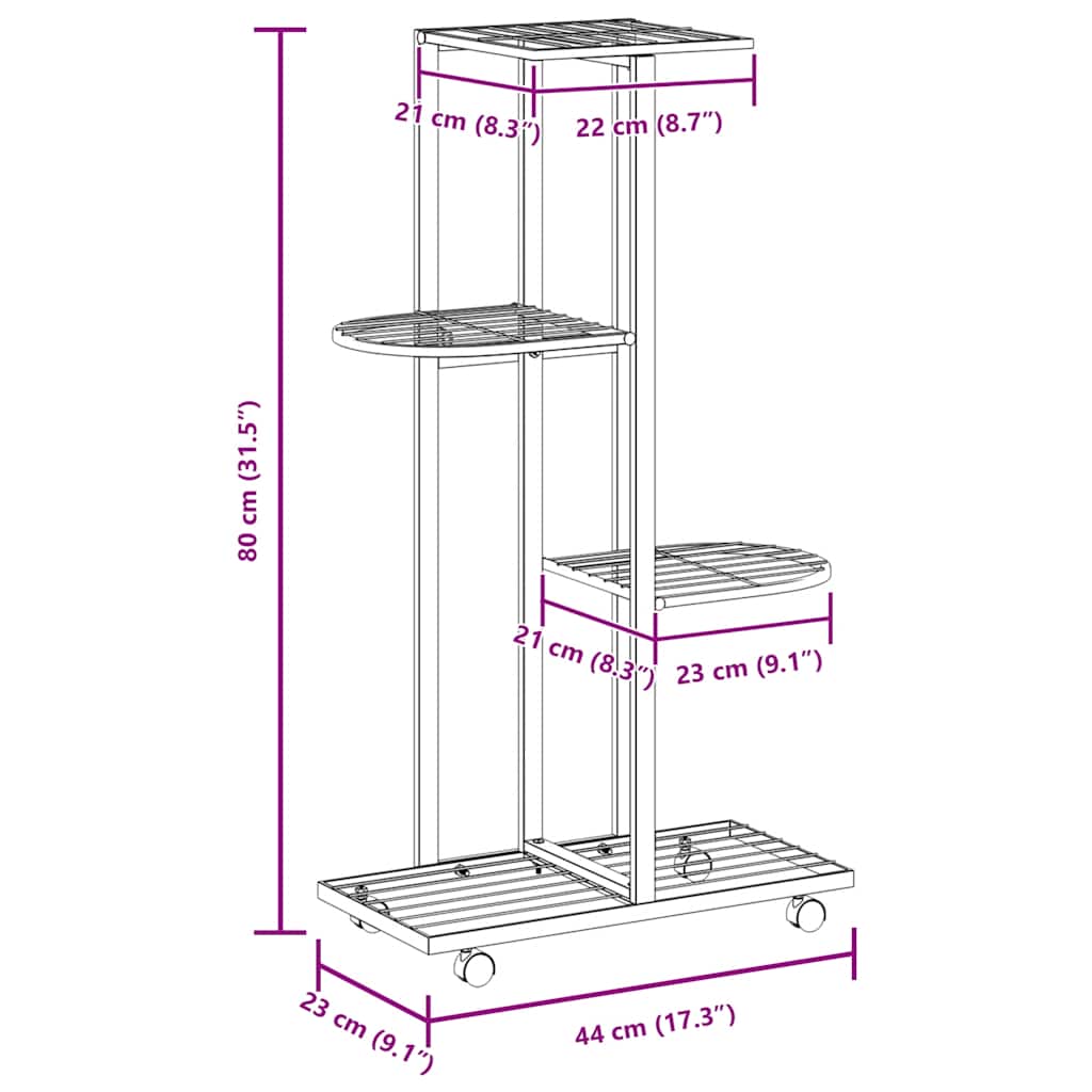 4-Floor Flower Stand with Wheels 44x23x80 cm Black Iron