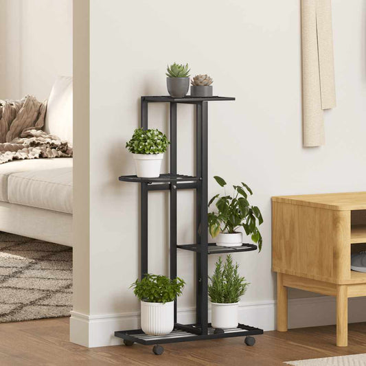 4-Floor Flower Stand with Wheels 44x23x80 cm Black Iron