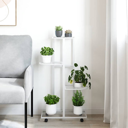 4-Floor Flower Stand with Wheels 44x23x80 cm White Iron