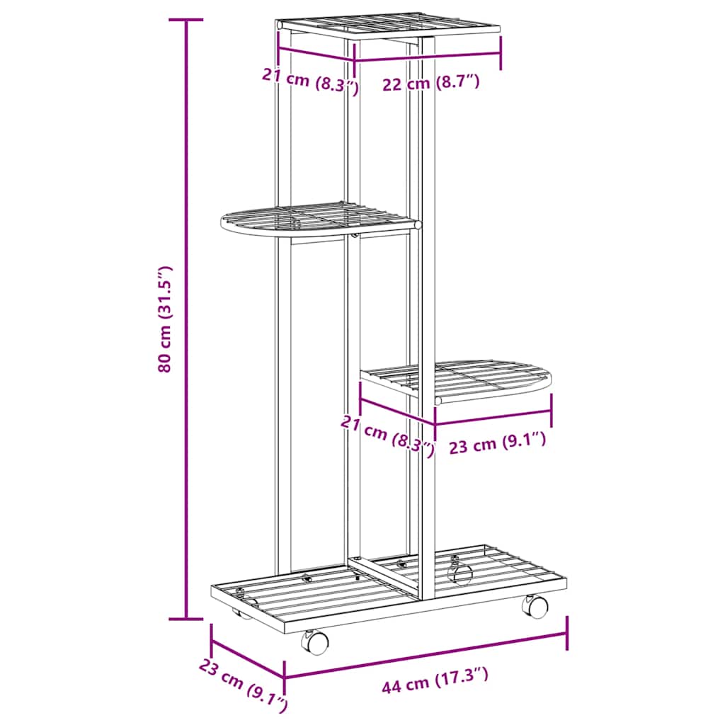 4-Floor Flower Stand with Wheels 44x23x80 cm White Iron