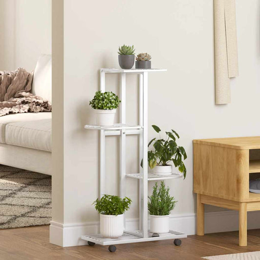 4-Floor Flower Stand with Wheels 44x23x80 cm White Iron