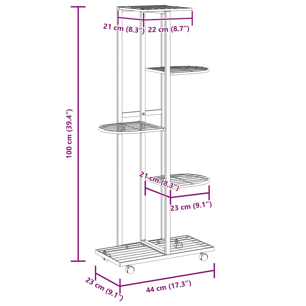 5-Floor Flower Stand with Wheels 44x23x100 cm White Iron