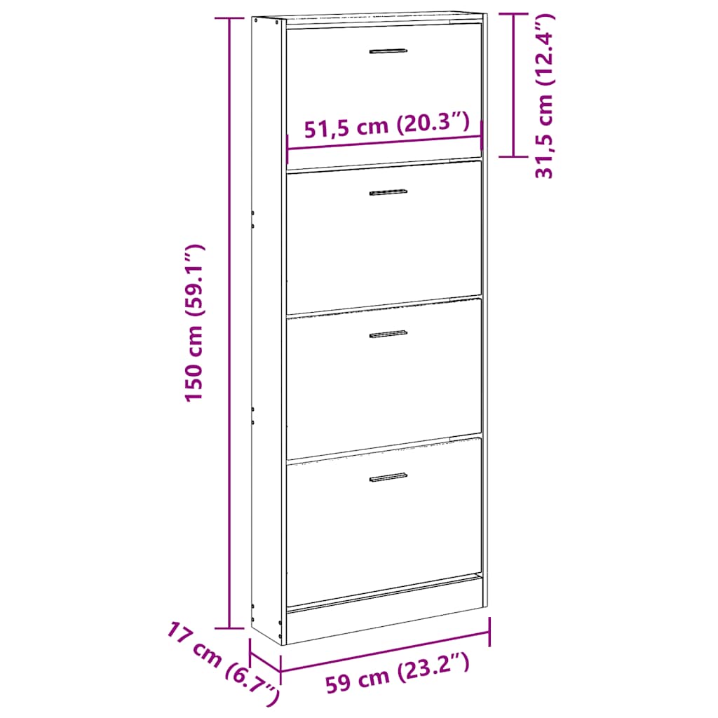 Shoe Cabinet High Gloss White 59x17x150 cm Engineered Wood
