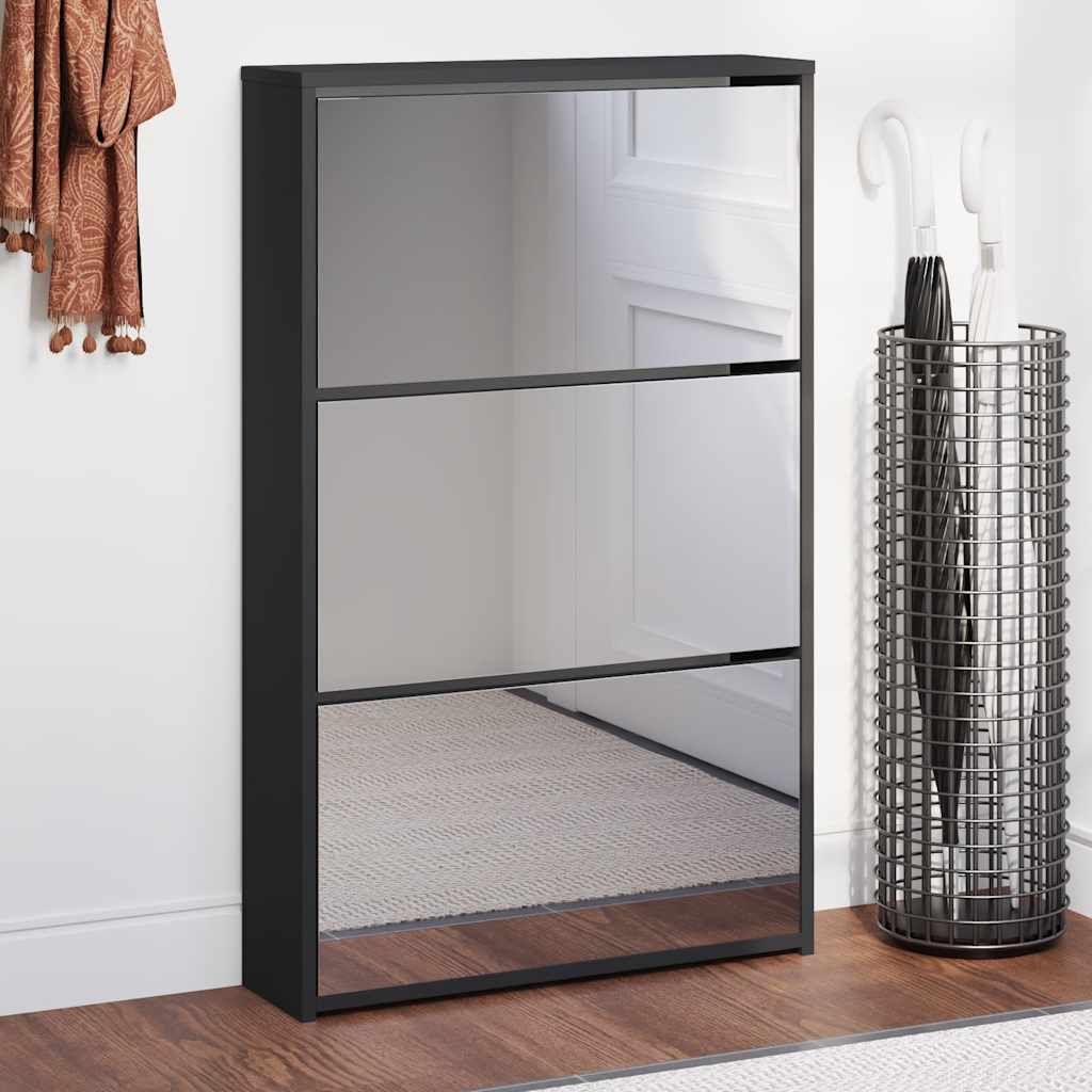 Shoe Cabinet with Mirror 3-Layer Black 63x17x102.5 cm