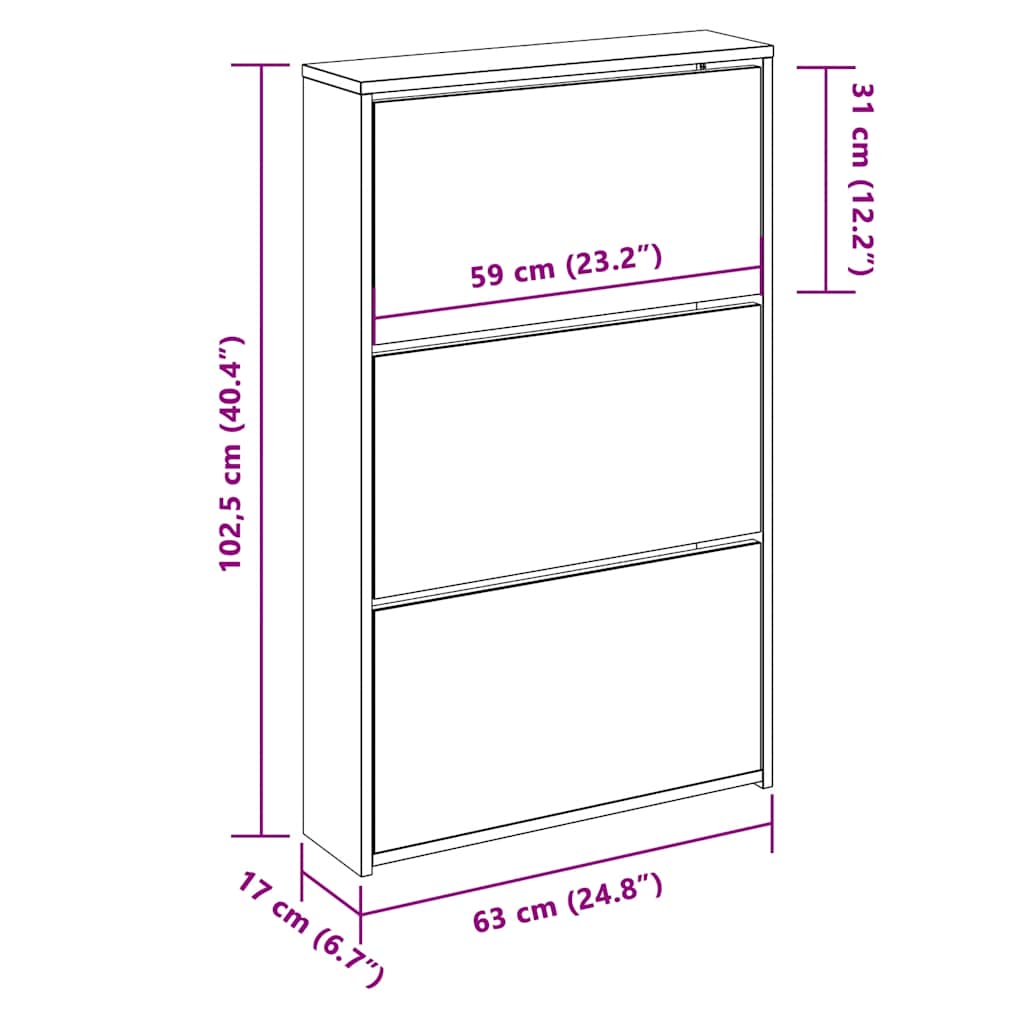 Shoe Cabinet with Mirror 3-Layer High Gloss White 63x17x102.5 cm