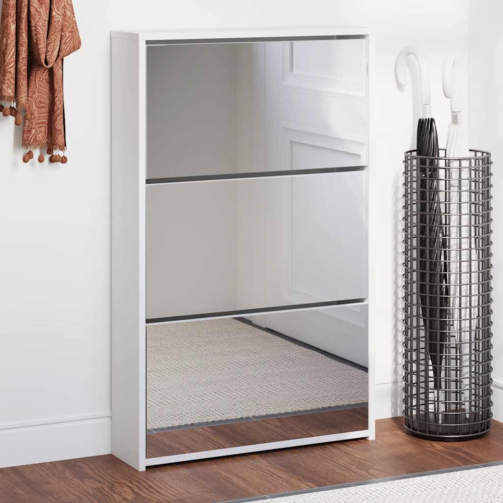 Shoe Cabinet with Mirror 3-Layer High Gloss White 63x17x102.5 cm