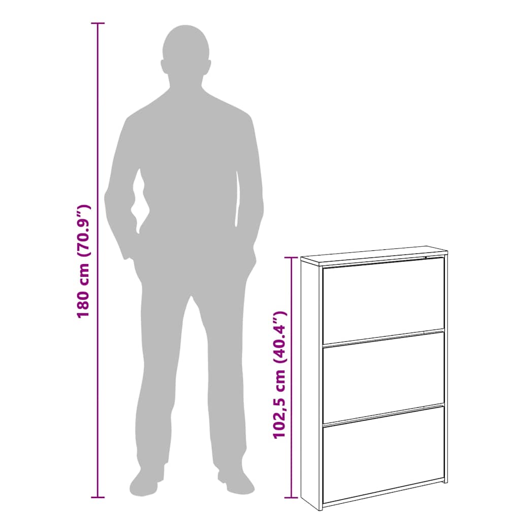 Shoe Cabinet with Mirror 3-Layer Brown Oak 63x17x102.5 cm