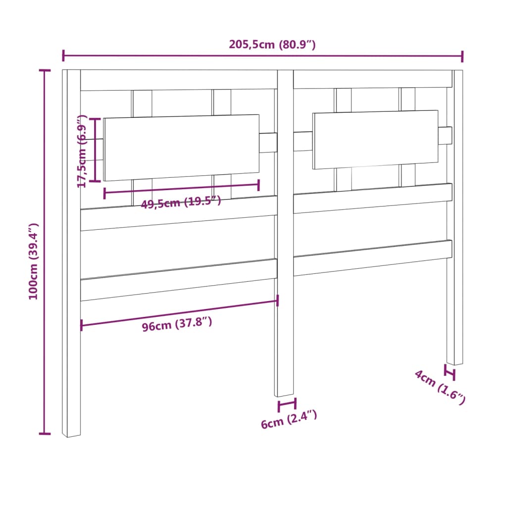 Bed Headboard Black 205.5x4x100 cm Solid Wood Pine