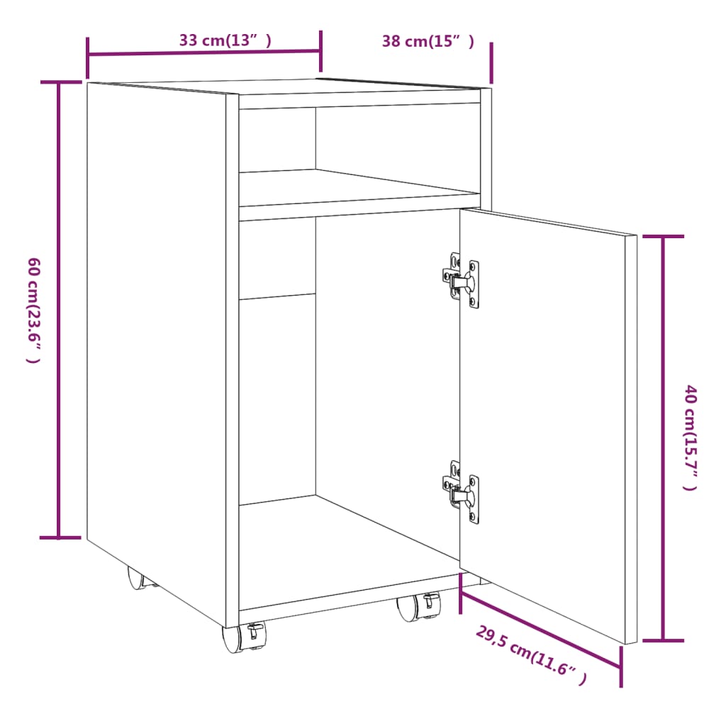 Side Cabinet with Wheels Brown Oak 33x38x60 cm Engineered Wood