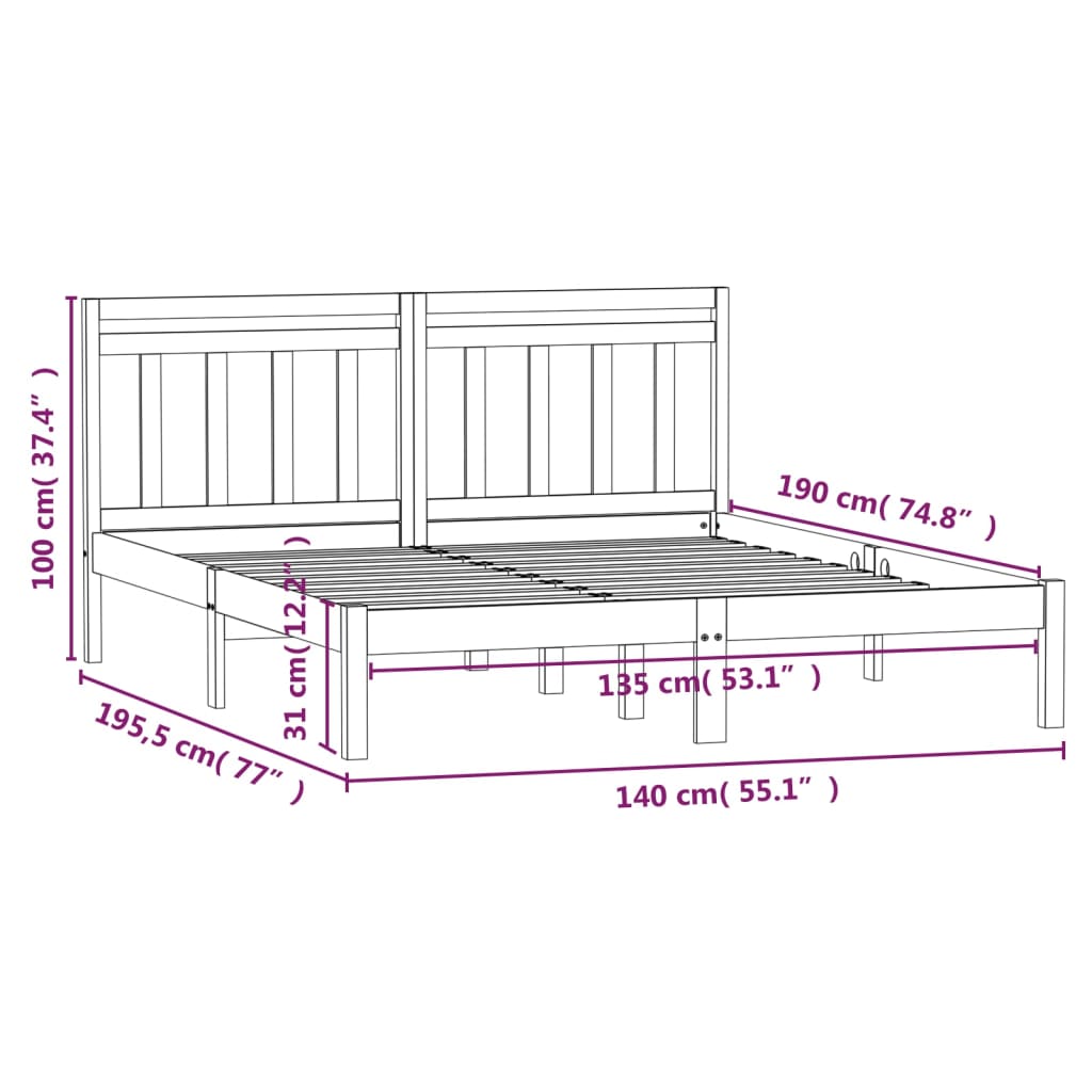 Bed Frame | White | Solid pine wood | 135 x 190 cm | Durable | Bed Frame