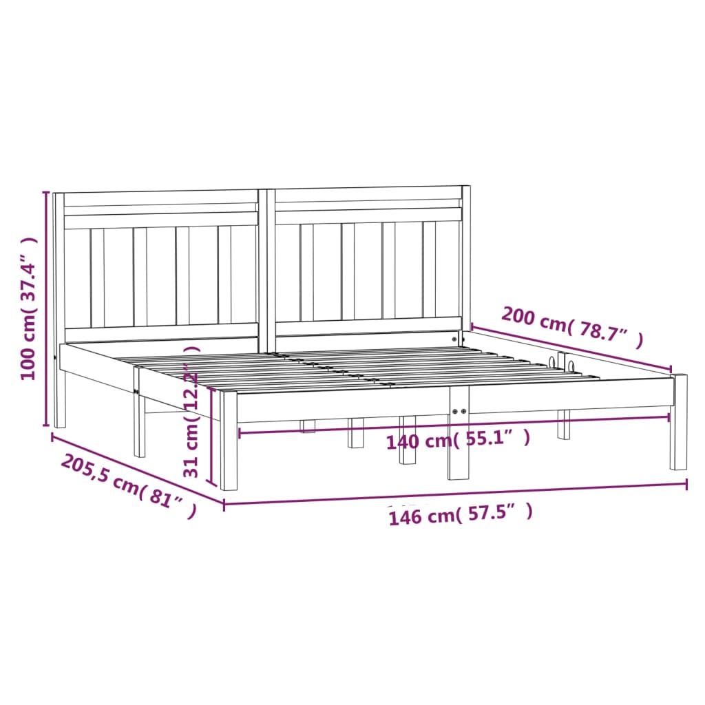 Bed Frame | White | Solid pine wood | 140x200 cm | Classic/Traditional
