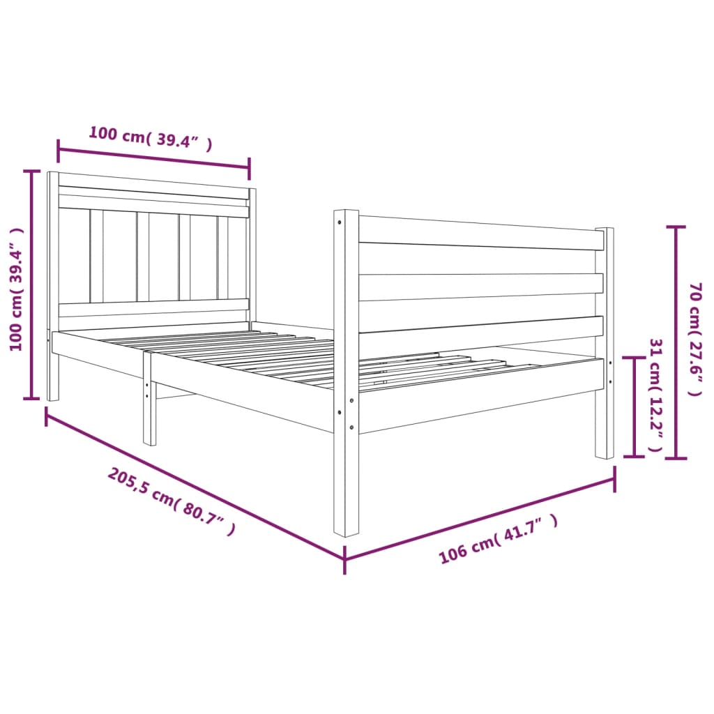 Bed Frame | Natural wood | Solid pine wood | Single | Decorative Inlays