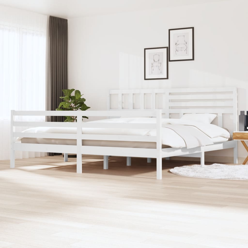 Bed Frame | White | Solid Pinewood | Double | Decorative Inlays