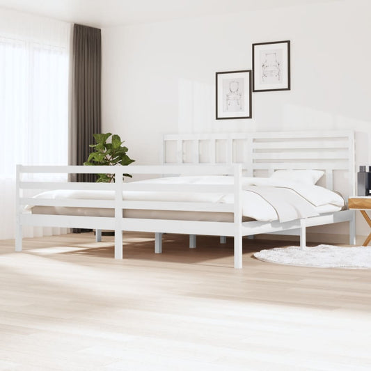 Bed Frame | White | Solid Pinewood | Double | Decorative Inlays