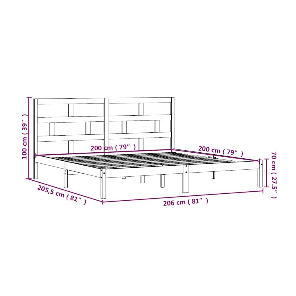 3101242 vidaXL Bed Frame without Mattress Black Solid Wood Pine 200x200 cm (810041+814218)
