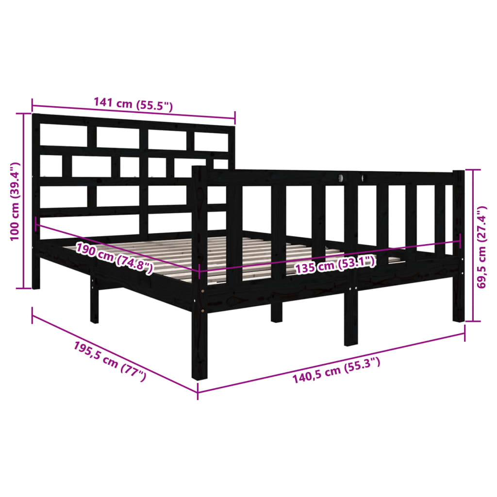 Bed Frame | Black | Solid pine wood | 135x190 cm | Durable | Bed Frame
