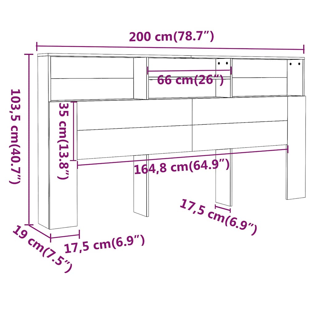 817259 vidaXL Headboard Cabinet Grey Sonoma 200x19x103,5 cm