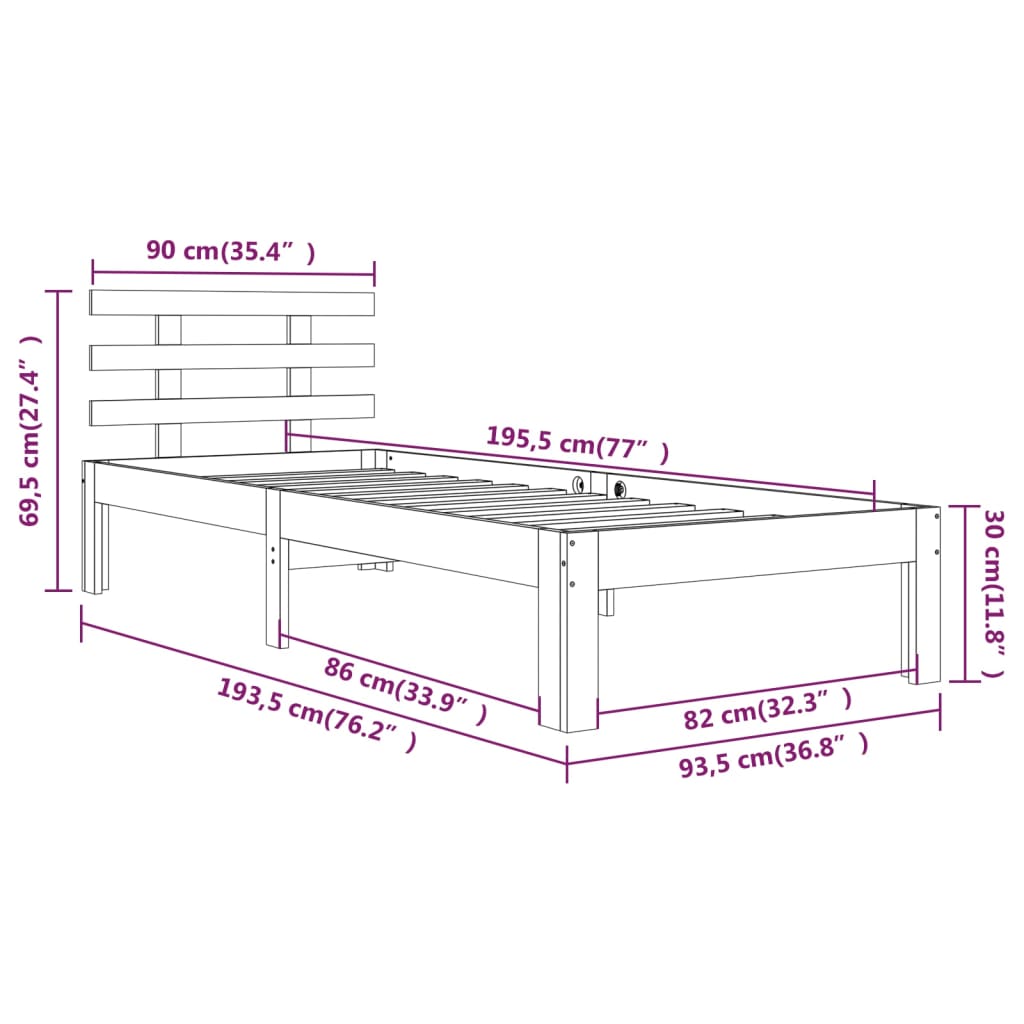 Bed Frame | White | Solid pinewood, Plywood | Single